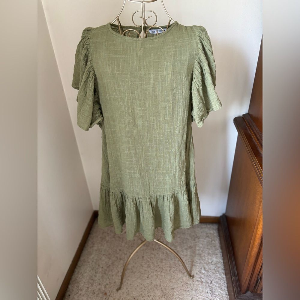 Zara Green Crinkle Gauze Puff Sleeve Ruffle Mini Dress Size M